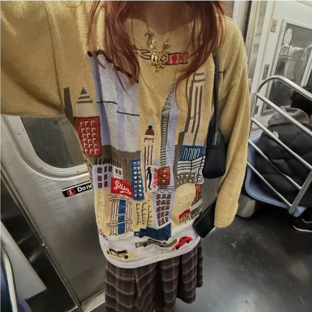 Vintage SandyLo Retro New York Skyline Sweater Twin Towers One Size